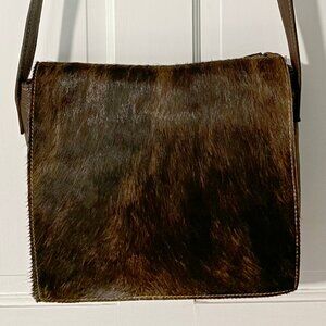 Cowhide and brown leather shoulder bag